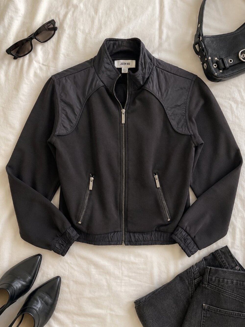 Jason Wu Black Cropped Zip Minimalist Jacket XS Chic Moto Quiet Luxury